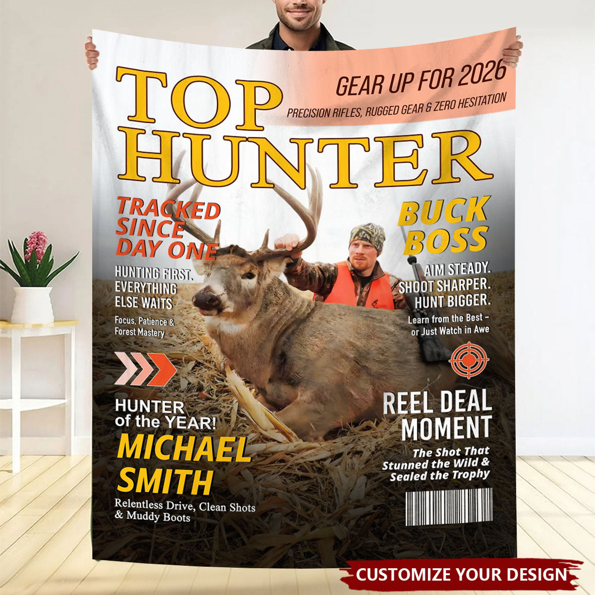 Personalized "Top Hunter" Magazine Cover Blanket With Photo & Name & Tagline - Ultimate Christmas Hunting Gift For Dad Husband Friend
