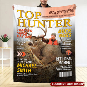 Personalized "Top Hunter" Magazine Cover Blanket With Photo & Name & Tagline - Ultimate Christmas Hunting Gift For Dad Husband Friend