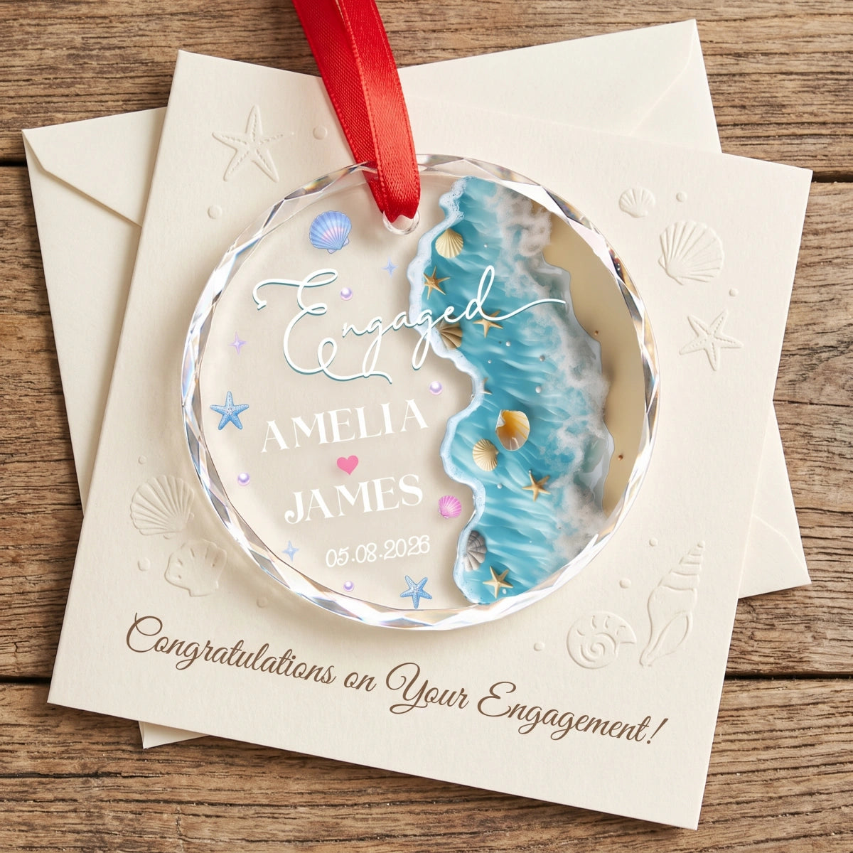 Custom Name & Date Beach Engagement Glass Ornament | Personalized Anniversary Gift For Couple