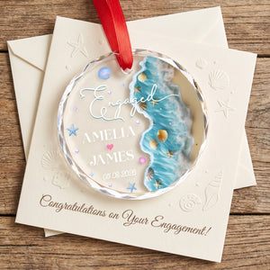 Custom Name & Date Beach Engagement Glass Ornament | Personalized Anniversary Gift For Couple