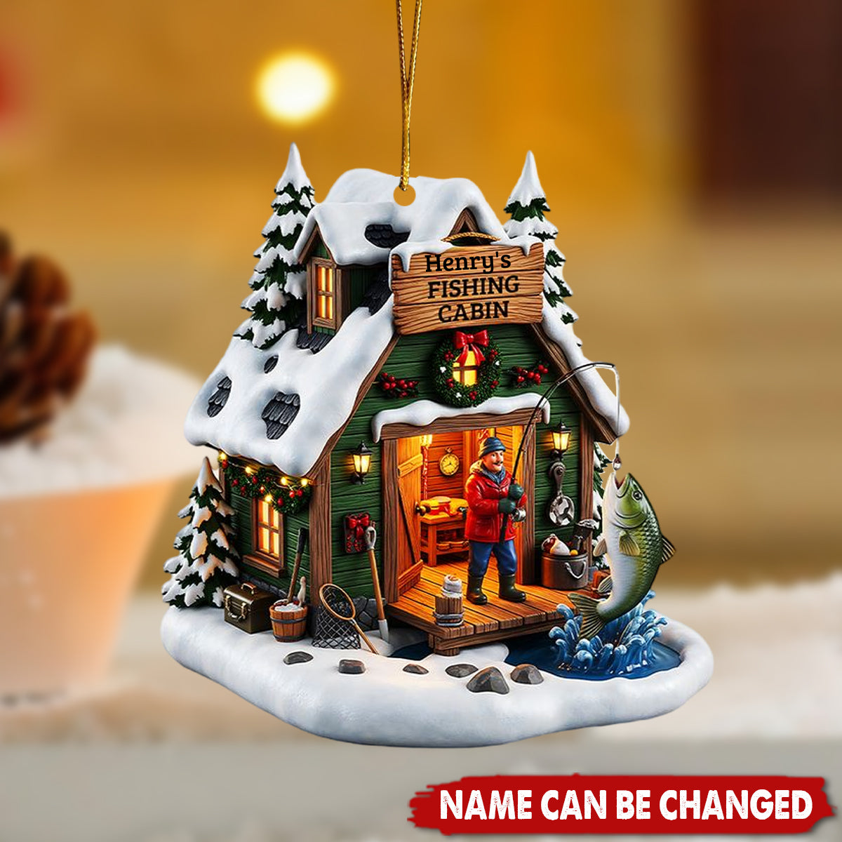 Personalized Fishing Cabin Ornament With Name,Enjoy Winter Fishing Fun For Dad husband & Fishing Lover