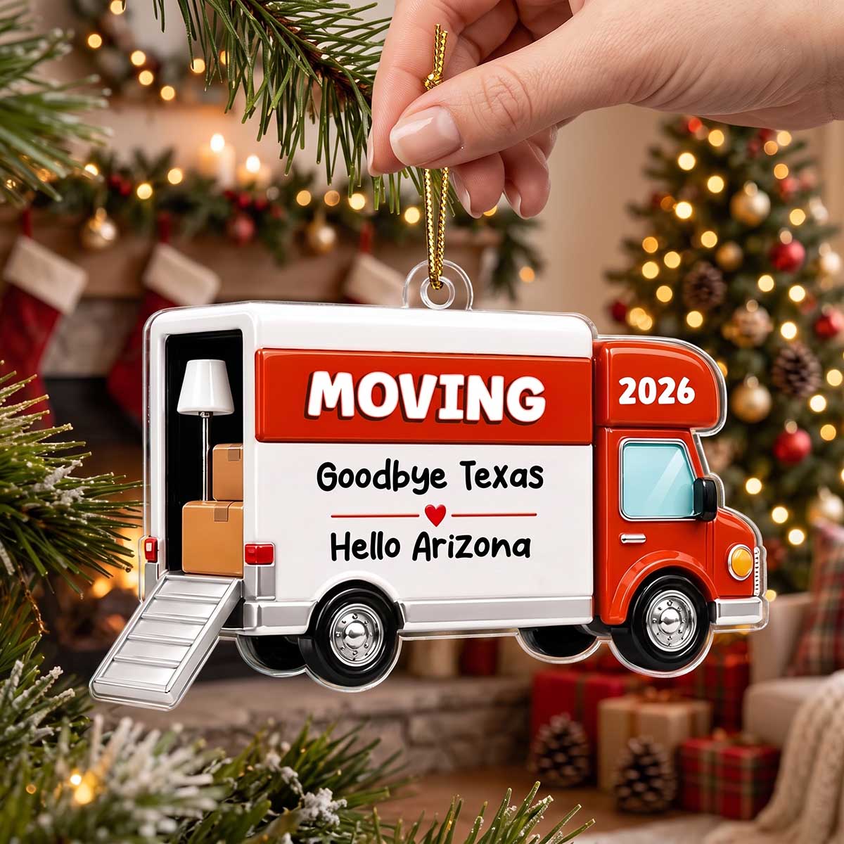 Personalized Red Moving Van Acrylic Ornament | Christmas New Home Decor For Family & Movers