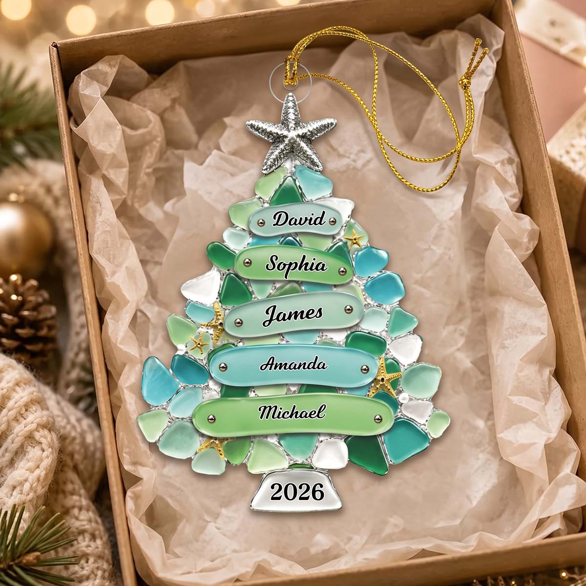 Personalized Sea Glass Style Family Tree Acrylic Ornament 2026 | Coastal Christmas Family Keepsake