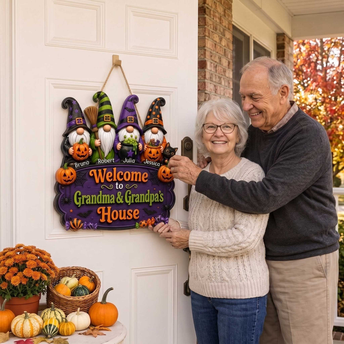 Personalized Wooden Sign With Halloween Gnomes & Pumpkins | Unique Gift For Grandparents
