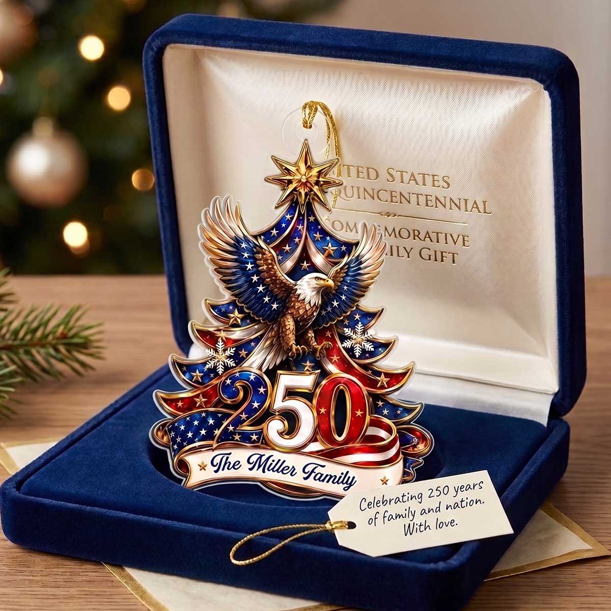 Personalized 250 American Eagle Flag Christmas Tree Ornament | Keepsake Gift For Family & Veterans