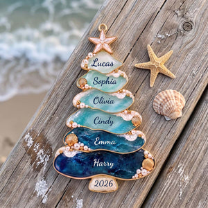 Personalized Sea Glass Family Christmas Tree Acrylic Ornament | Coastal Christmas Gift For Family