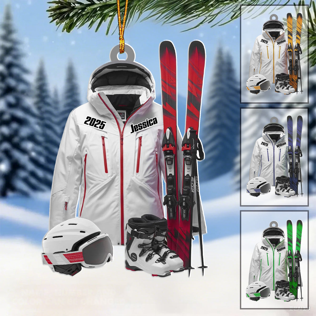 Personalized Ski Gear Ornament With Name Year & Color - Skier Gift For Christmas