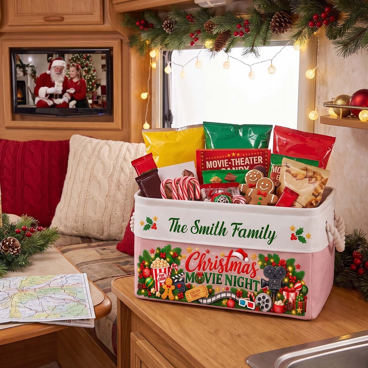 Custom Christmas Movie Night Basket - Supplies Snack Storage Basket With Handles - Personalized Storage Basket