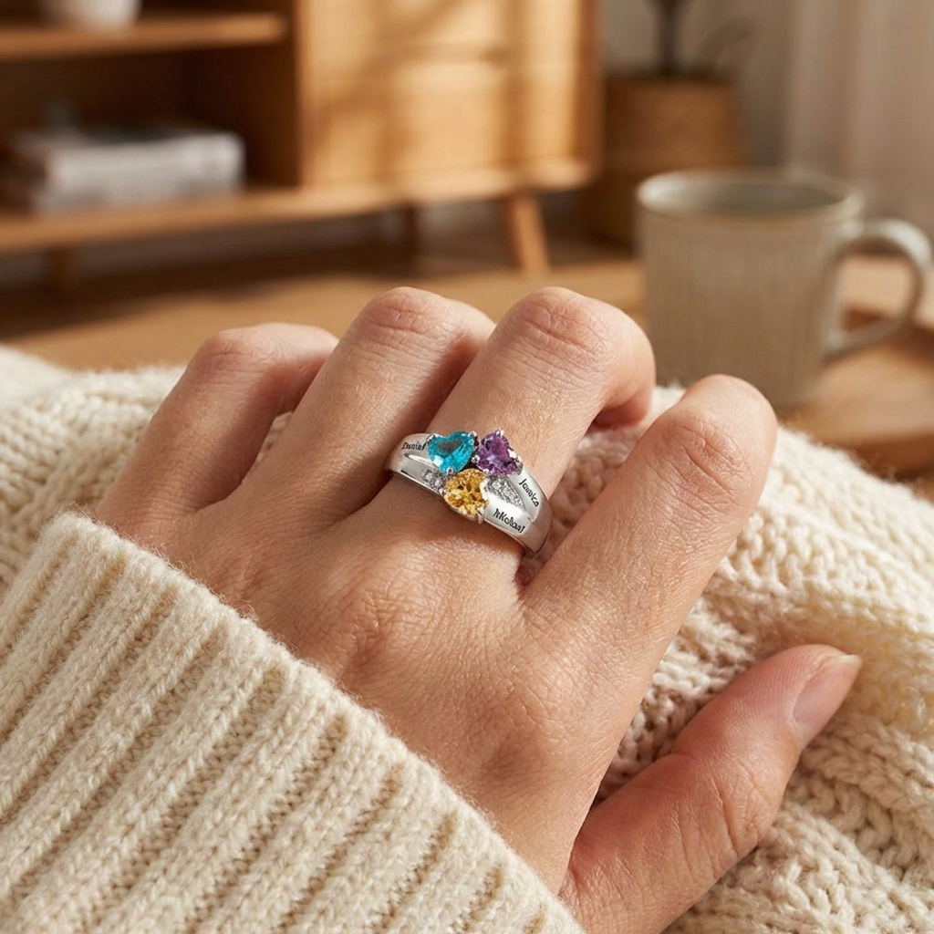 Personalized Heart Birthstone Promise Ring With 1-8 Names| Romantic Mother's Day Gift For Mom Grandma