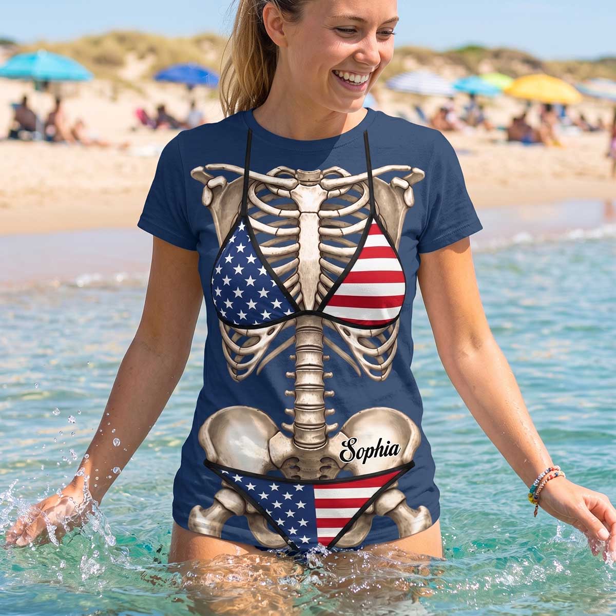 Personalized Skeleton Bikini Print T‑Shirt | Halloween Gifts For Women