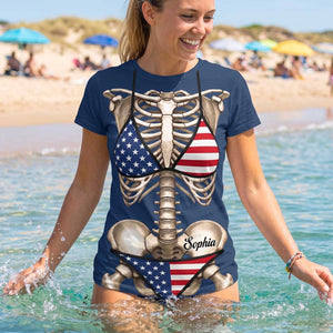 Personalized Skeleton Bikini Print T‑Shirt | Halloween Gifts For Women