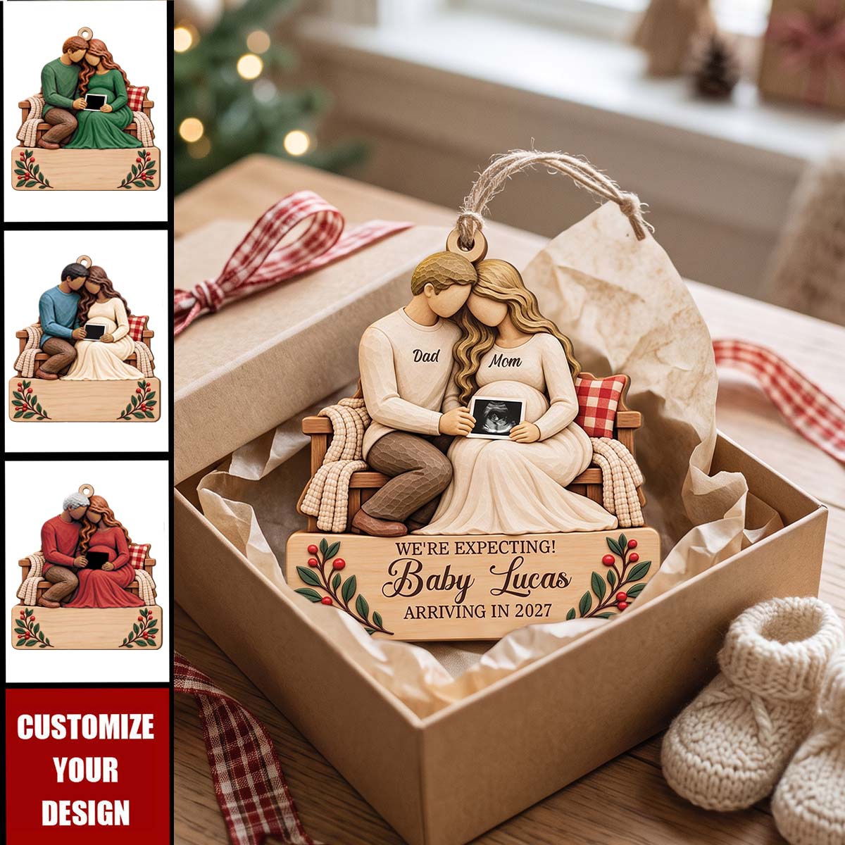 We're Expecting Personalized Wooden Ornament - Christmas Keepsake For Mom & Dad-to-Be