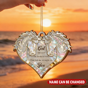 Personalized "God Led Me Straight To You" Heart Car Ornament With Twin Horses & Names - Valentine's Day Anniversary Gift For Couple
