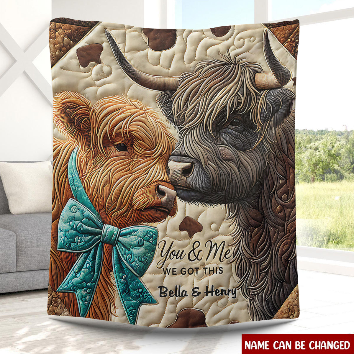 Personalized Highland Cow Couple Blanket With Names | "You & Me We Got This" Quote | Cozy Xmas Anniversary Gift For Couples