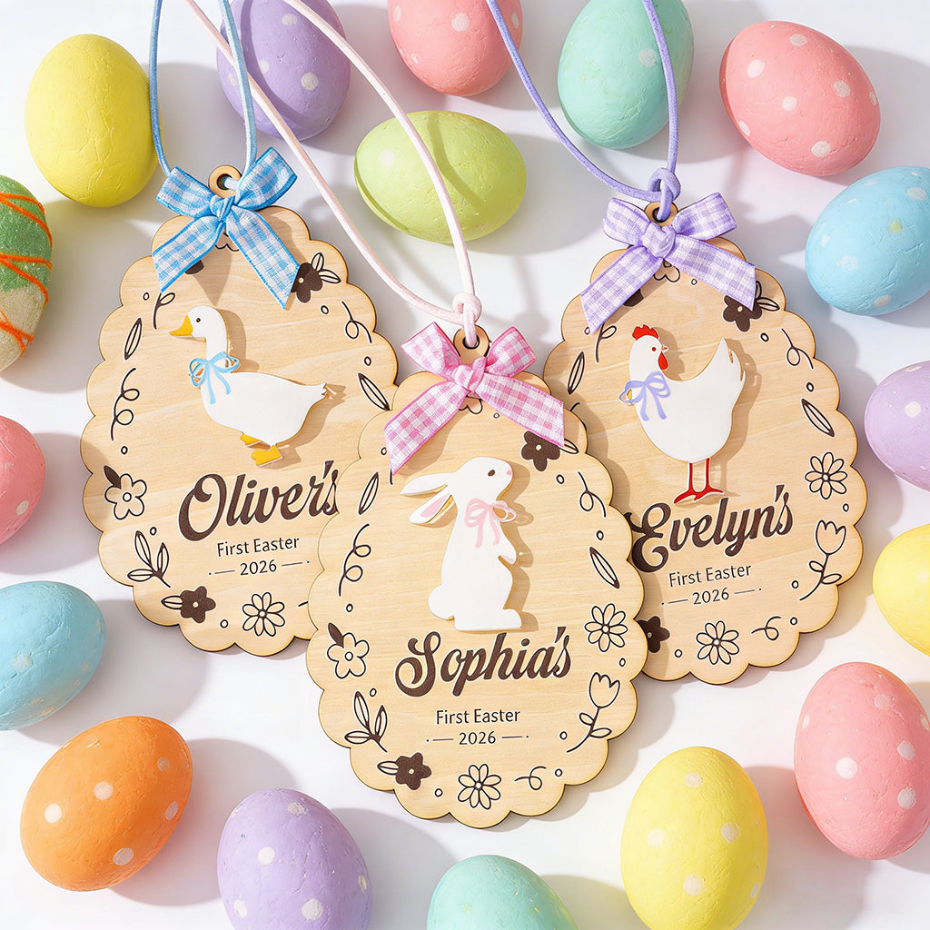 Personalized Bunny Goose Hen Accented Easter Basket Tag With Name & Gingham Bow - Baby's First Easter Gift Easter Egg Hunt Decor For Kids