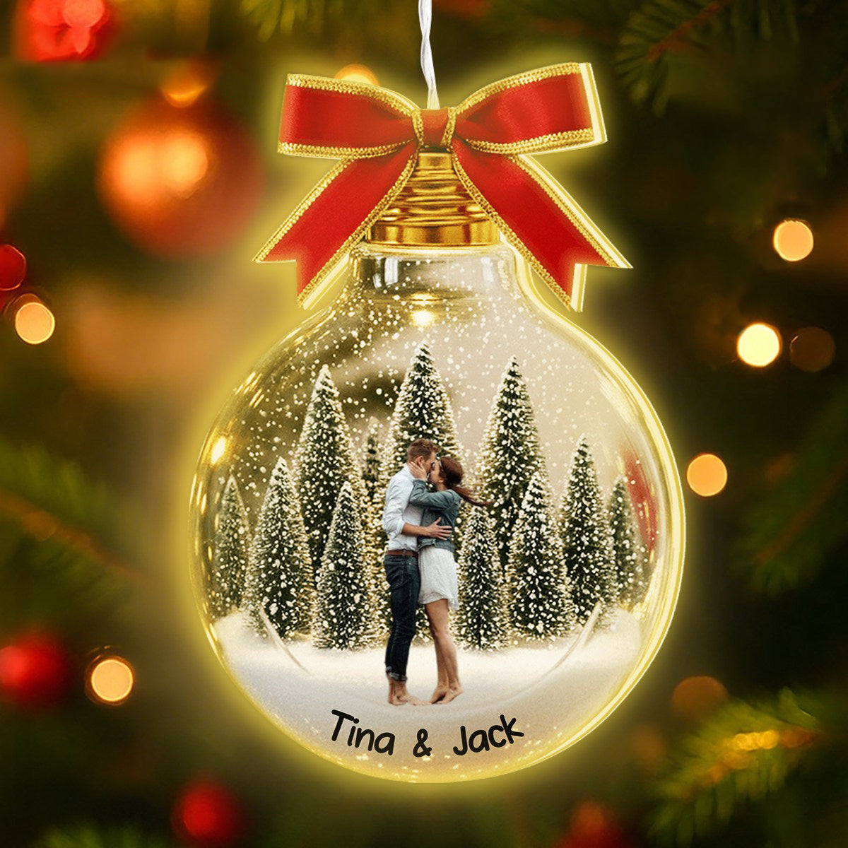 Personalized Couple Glowing LED Light Ornament With Photo Names & Red Bow Romantic Christmas Gift For Couple Newlyweds