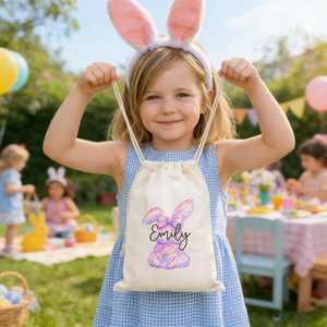 Personalized Easter Favor Bag With Name & Bunny Design | Spring Party Durable Drawstring Egg Hunt Pouch Gift For Kids