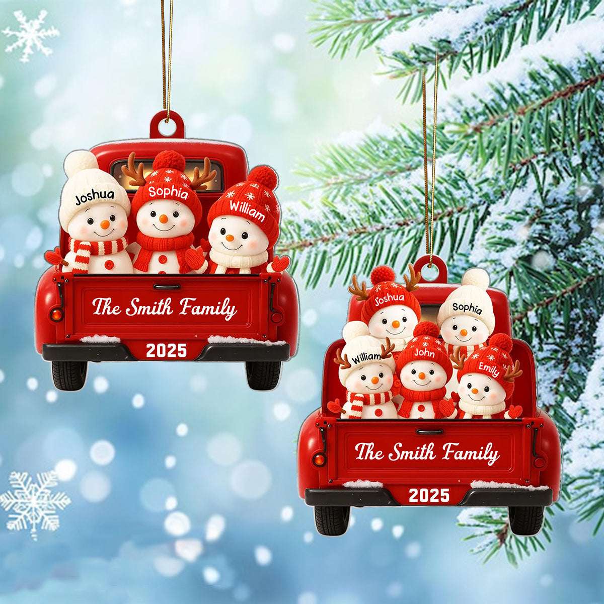 Personalized Family Snowman on Christmas Truck Ornament With Kid's Names & Year | Light up a warm Christmas For Family