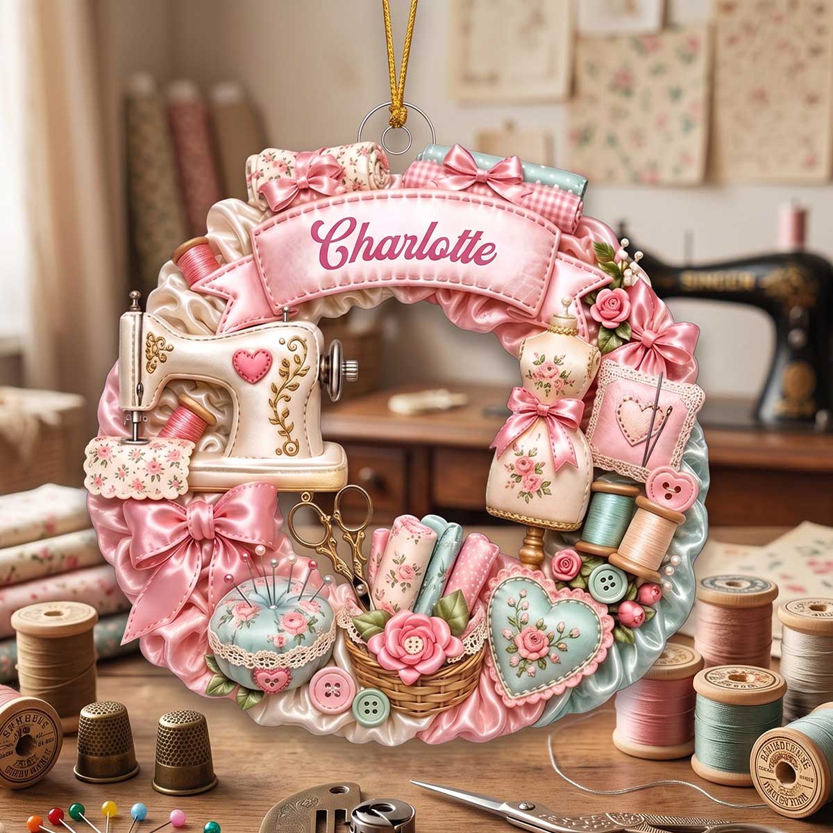 Personalized Sewing Themed Wreath Acrylic Ornament | Christmas Gift For Seamstress Crafter Lover