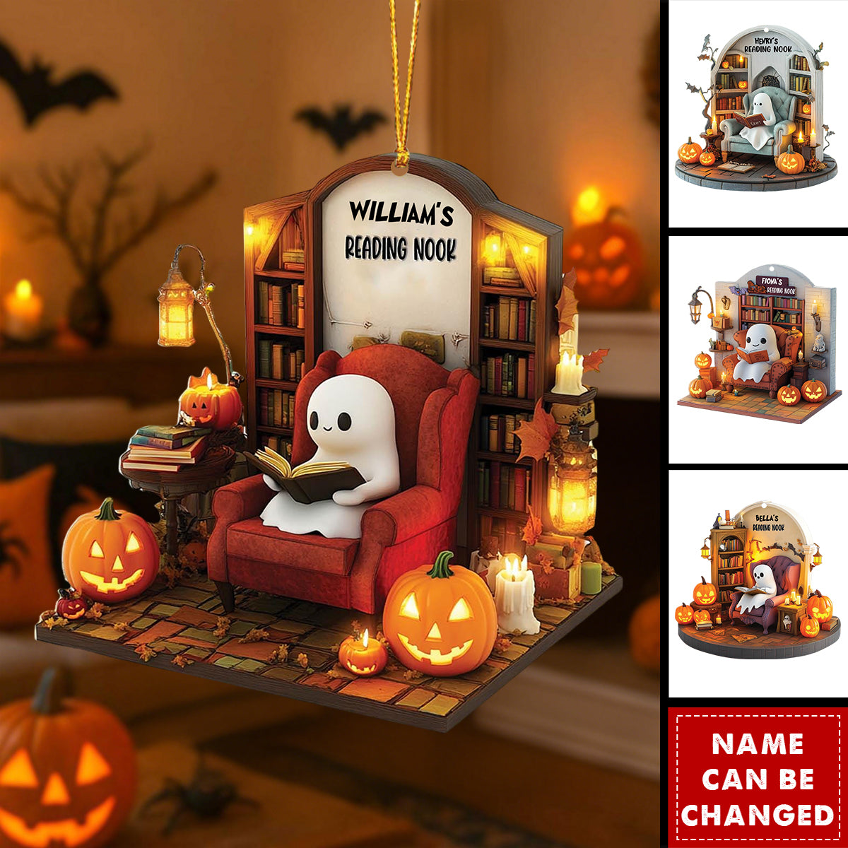 Personalized Ghost Reading Nook Ornament With Name,Unique Halloween Gift For Book Lovers & Library