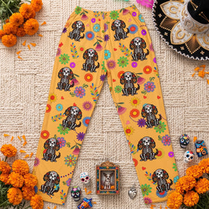 Personalized Name Lounge Pants With Floral Pet Sugar Skull - Dia De Los Muertos Gift