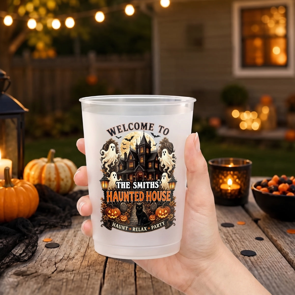 Personalized Haunted House Party Cups - Spooky Black Cat Frosted Favors- Halloween Gifts For Family