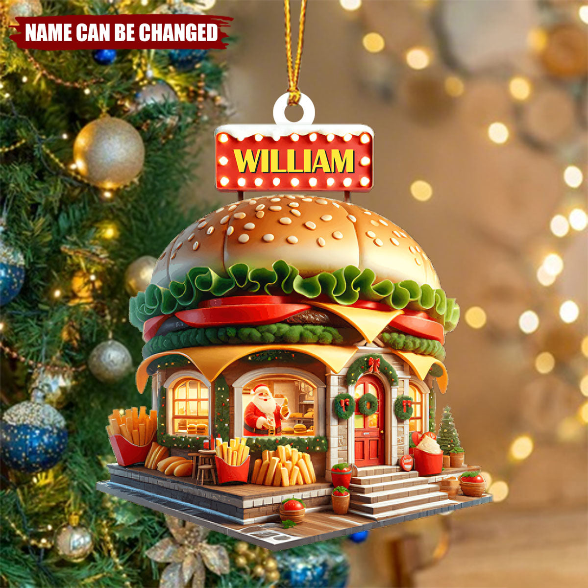 Personalized Burger Christmas Ornament With Name,Fun Unique Christmas Gift For the Burger Lover