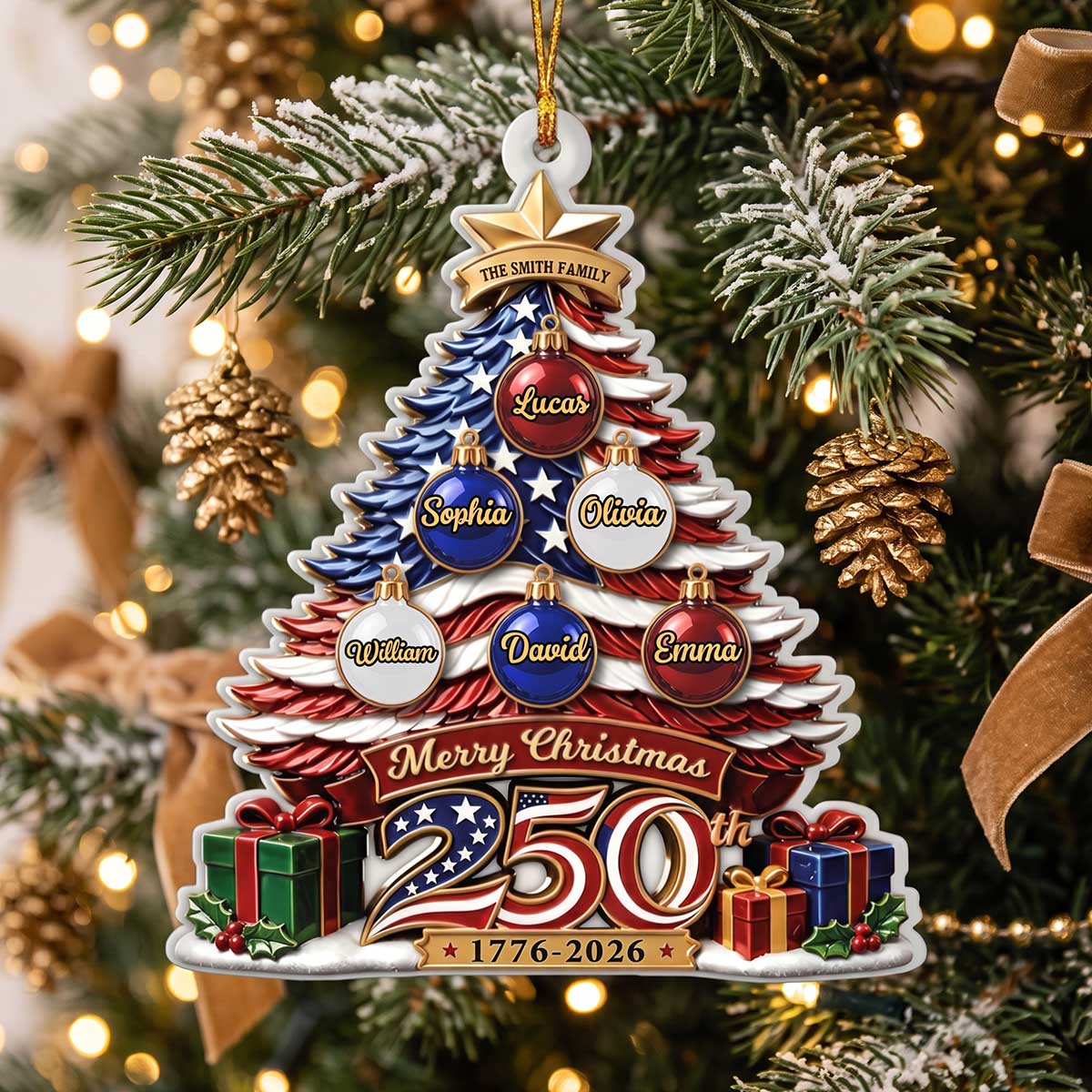 Personalized America's 250th Family Christmas Tree Acrylic Ornament - Christmas Gift For Family