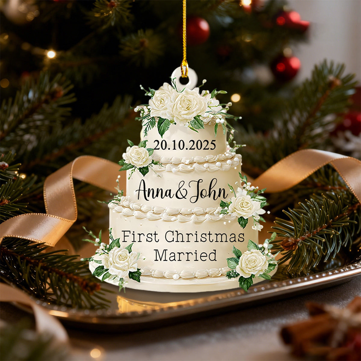Personalized Wedding Cake "First Christmas Married" Ornament With Names & Date Unique Christmas Anniversaries Gift For Newlyweds And Couple