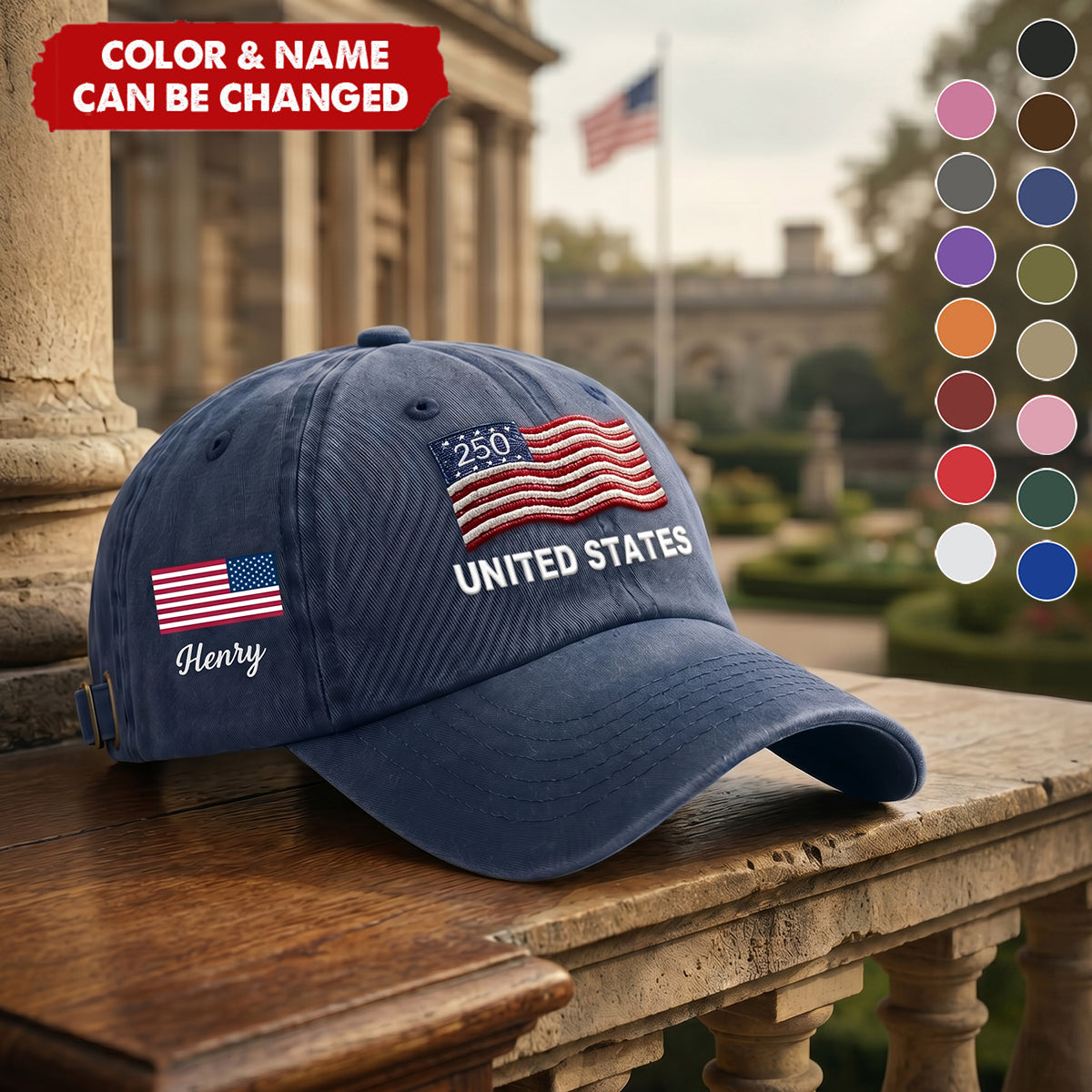 Custom Name United States 250th Anniversary Hat USA Flag Patriotic Cap, Cotton Twill Adjustable Dad Hat