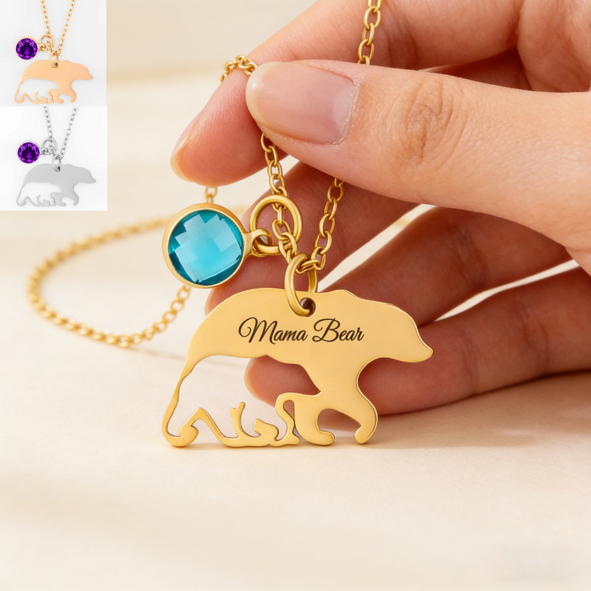 Personalized Cut-out Mama Bear Pendant Necklace With Birthstone - Mother's Day Gift For Mom & Grandma
