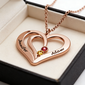 Personalized Dual Birthstones Couples Heart Jewelry Necklace With Engraved Names - Valentine's Day Anniversary Gift For Girlfriend