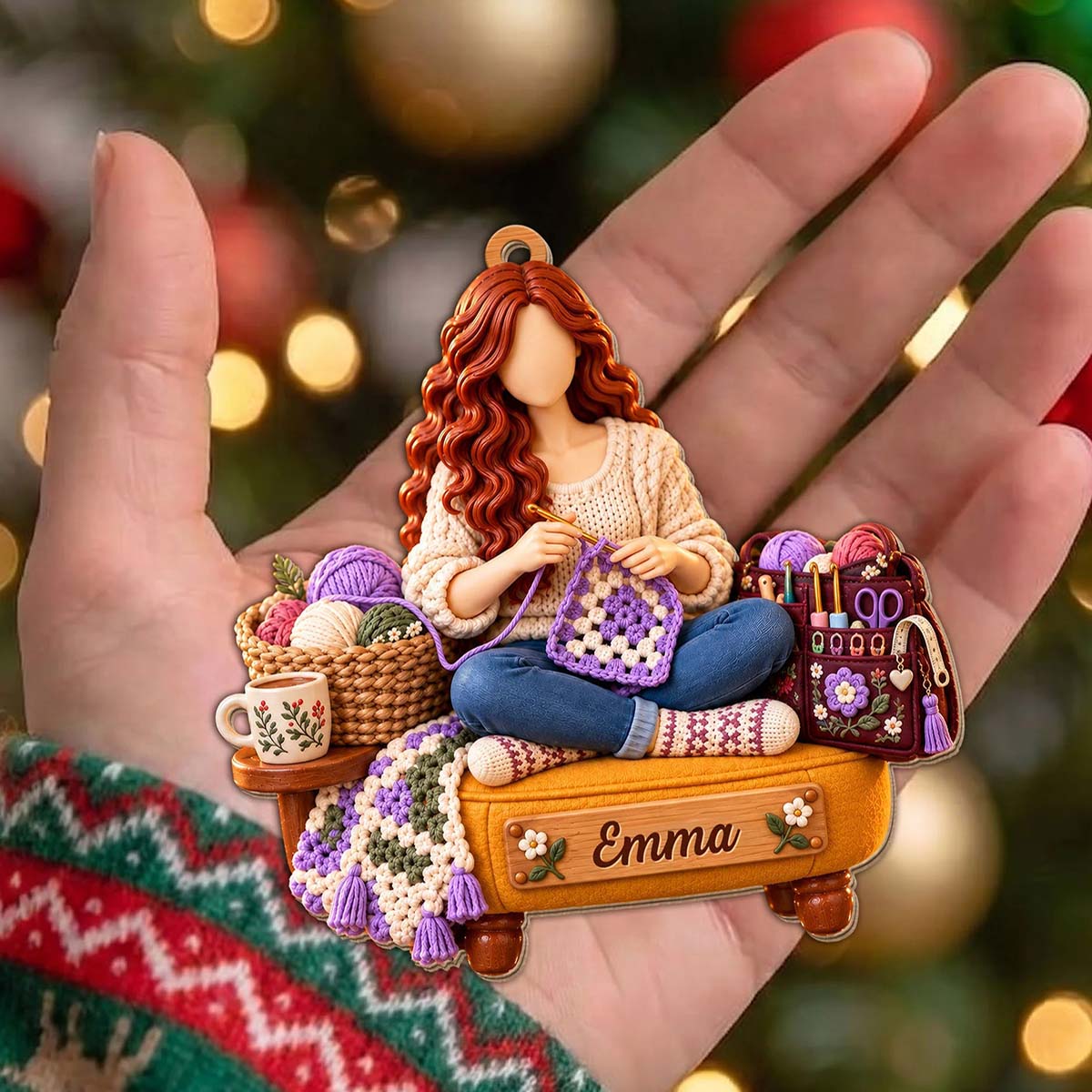 Personalized Crochet Girl Wood Ornament | Custom Christmas Gift for Crafters Crocheter Knitting Lover