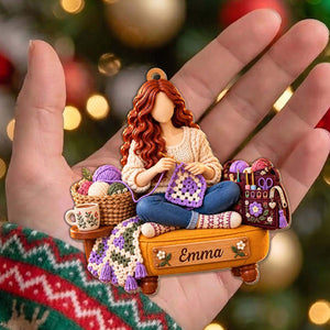 Personalized Crochet Girl Wood Ornament | Custom Christmas Gift for Crafters Crocheter Knitting Lover