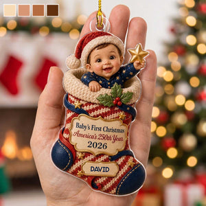 Personalized Acrylic Ornament With Smiling Baby Holding A Star | Creative First Christmas Gift For Family