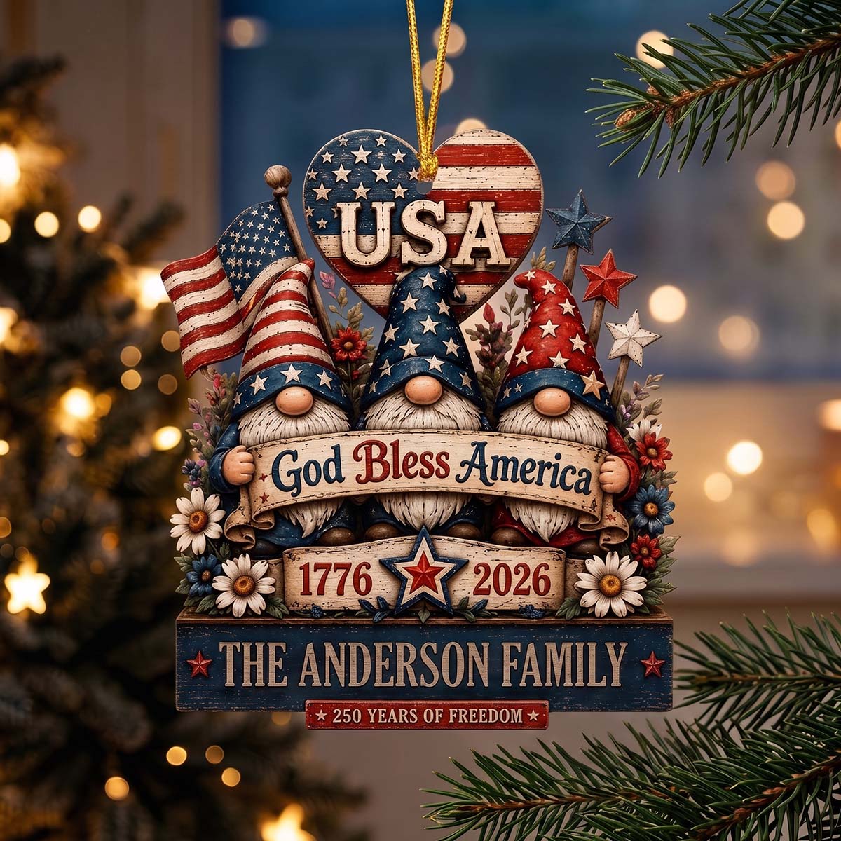 Personalized Patriotic Gnomes Wooden Ornament | Best Christmas Family Gift