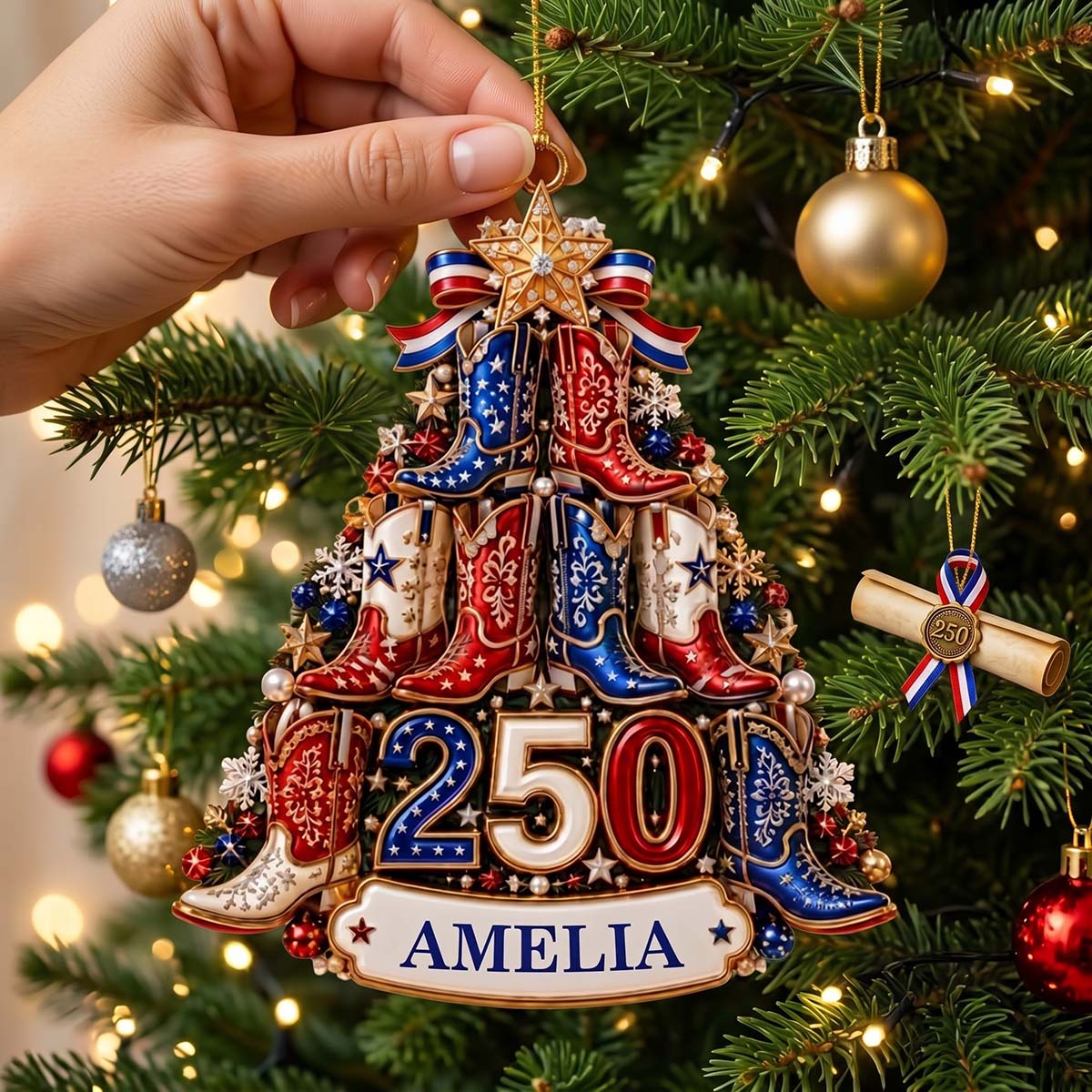 USA 250th Anniversary Cowboy Boots Christmas Tree - Personalized Acrylic Ornament