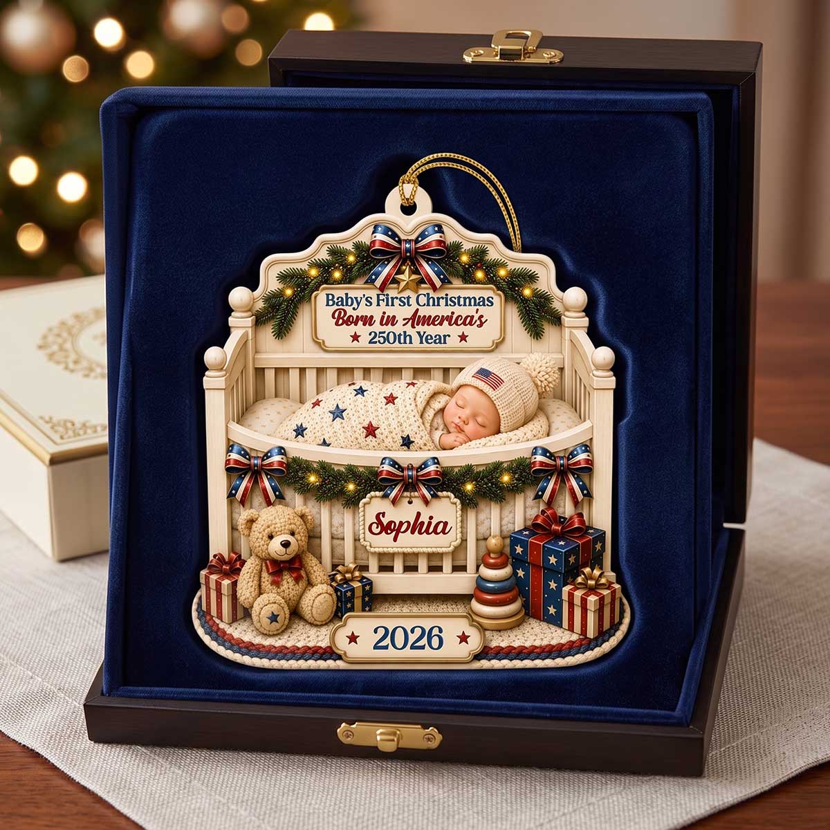 Personalized Baby’s First Christmas Born in America’s 250th Crib Acrylic Ornament - Gift For Family