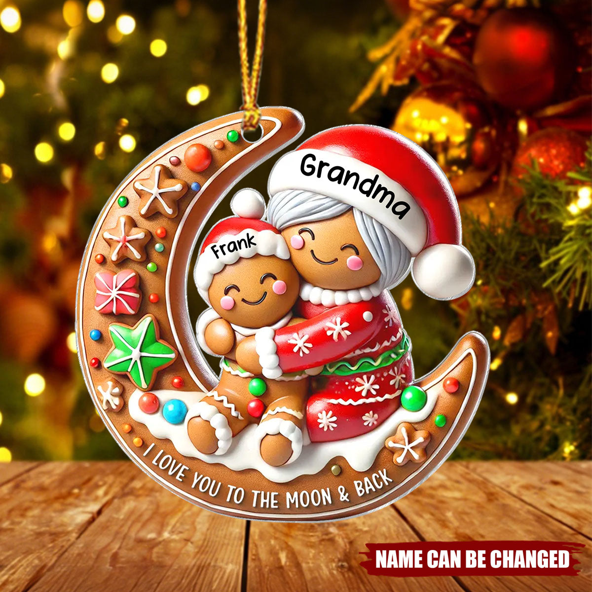 Personalized 3D Effect Gingerbread Grandma Hugging Grandkids On Moon Christmas Ornament With Names,Making Testament To Family Love