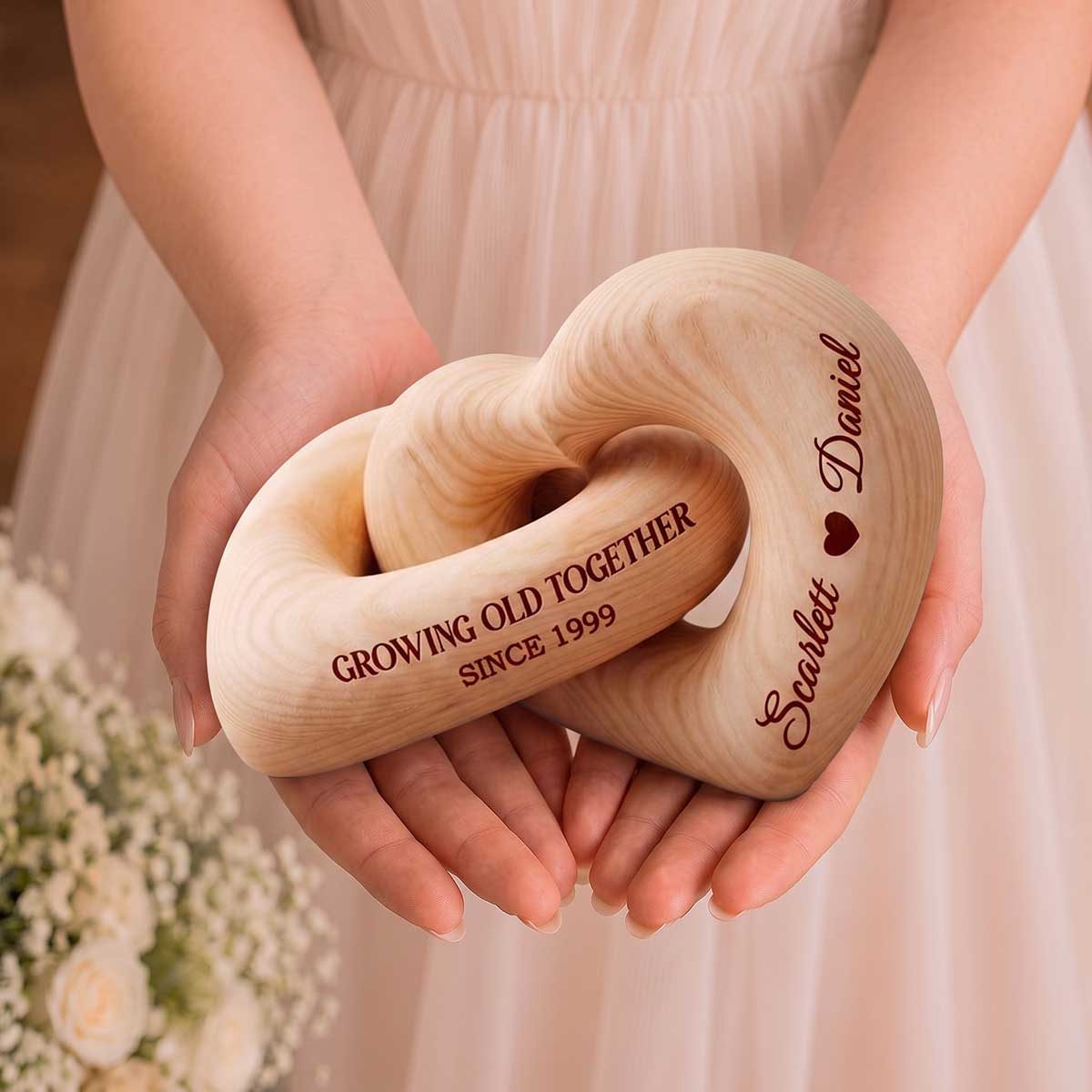 Growing Old Together - Personalized Interlocking Couple Wooden Hearts Sculpture
