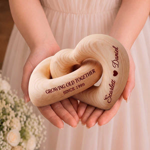 Growing Old Together - Personalized Interlocking Couple Wooden Hearts Sculpture