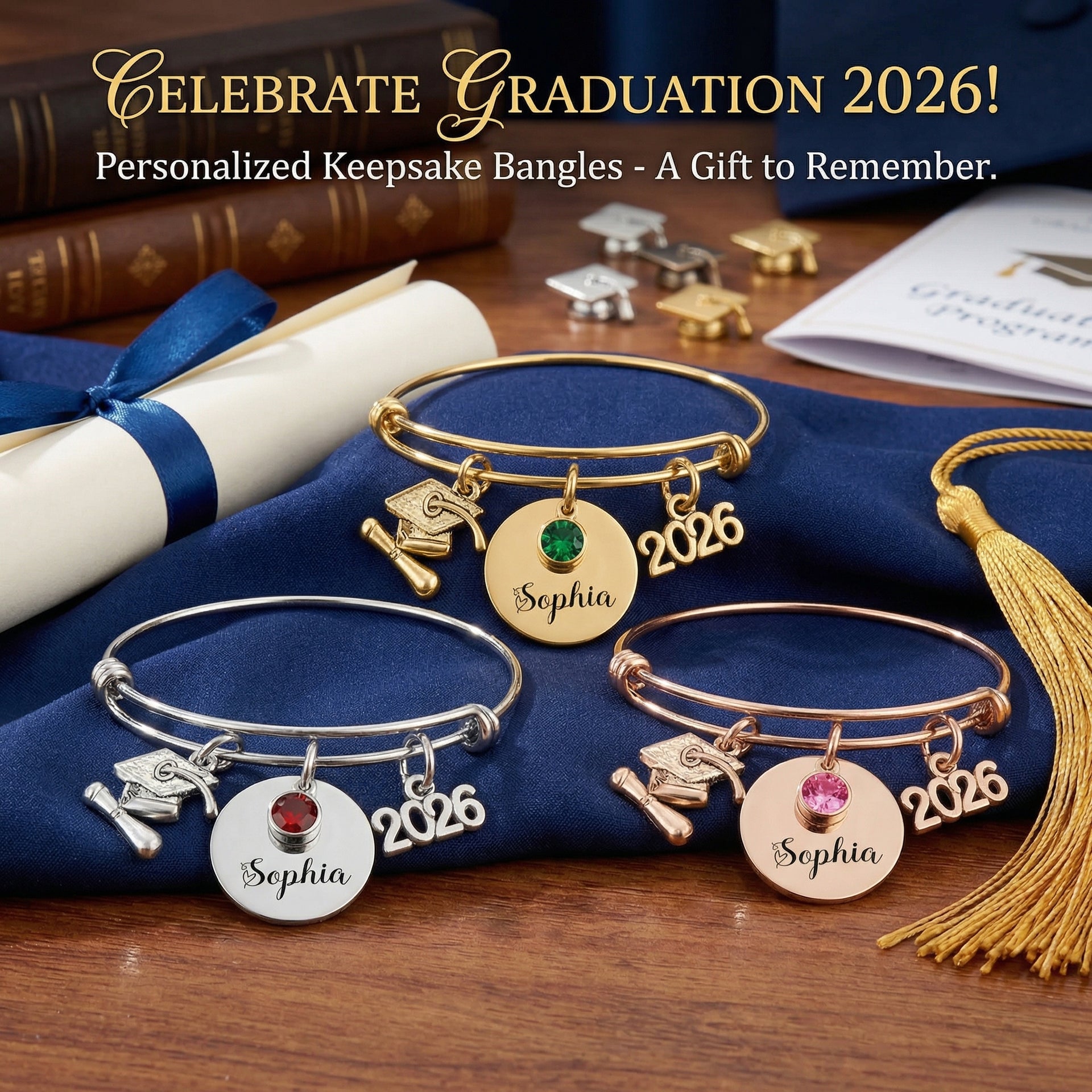 Personalized Graduation Bracelet - Stainless Steel Bangle With Birthstone and Year charm Gift For Her