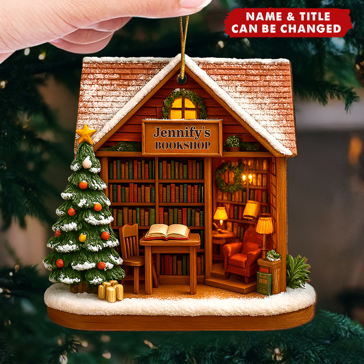 Personalized "Bookshop Story" Wood Ornament With Name & Title Surrounded By Books And Festivals For Book Lovers