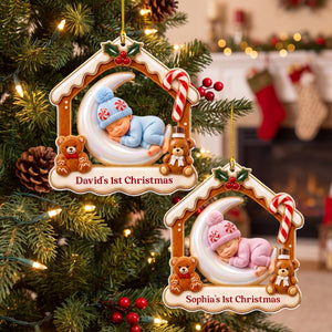 Personalized Baby's 1st Christmas Acrylic Ornament - Sleeping Baby On Moon - Gift For New Parents