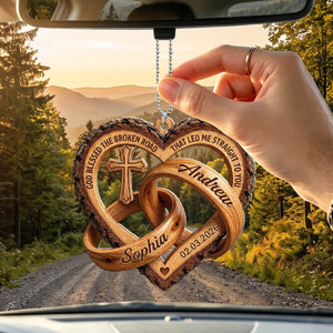 Personalized Name Cross Heart Rings Car Ornament - God Blessed The Broken Road - Gift For Christmas