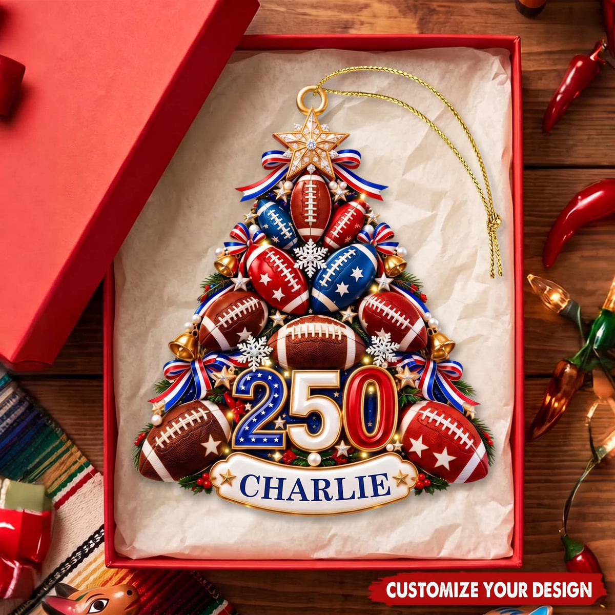 Personalized USA 250th Anniversary Football Acrylic Tree Ornament - Christmas Gift For Sports Lover