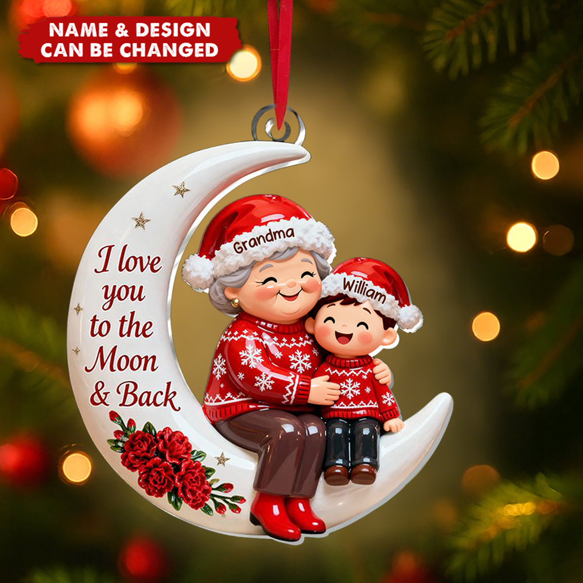 Personalized "Love You to the Moon" Ornament With Grandma & Grandchild Names | Heartfelt Xmas Gift For Nana Granny & Kids