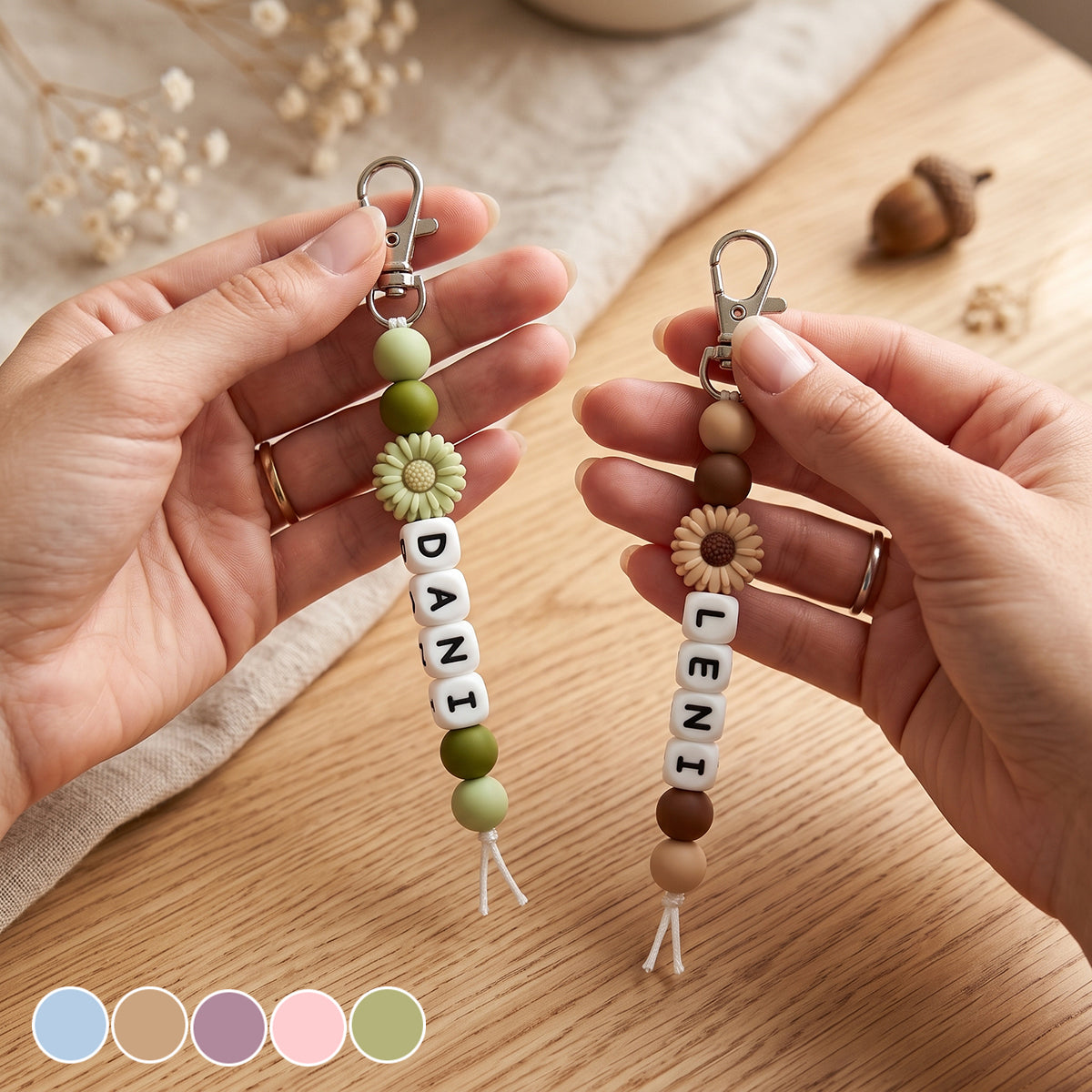 Personalized Daisy Silicone Bead Name Keychain