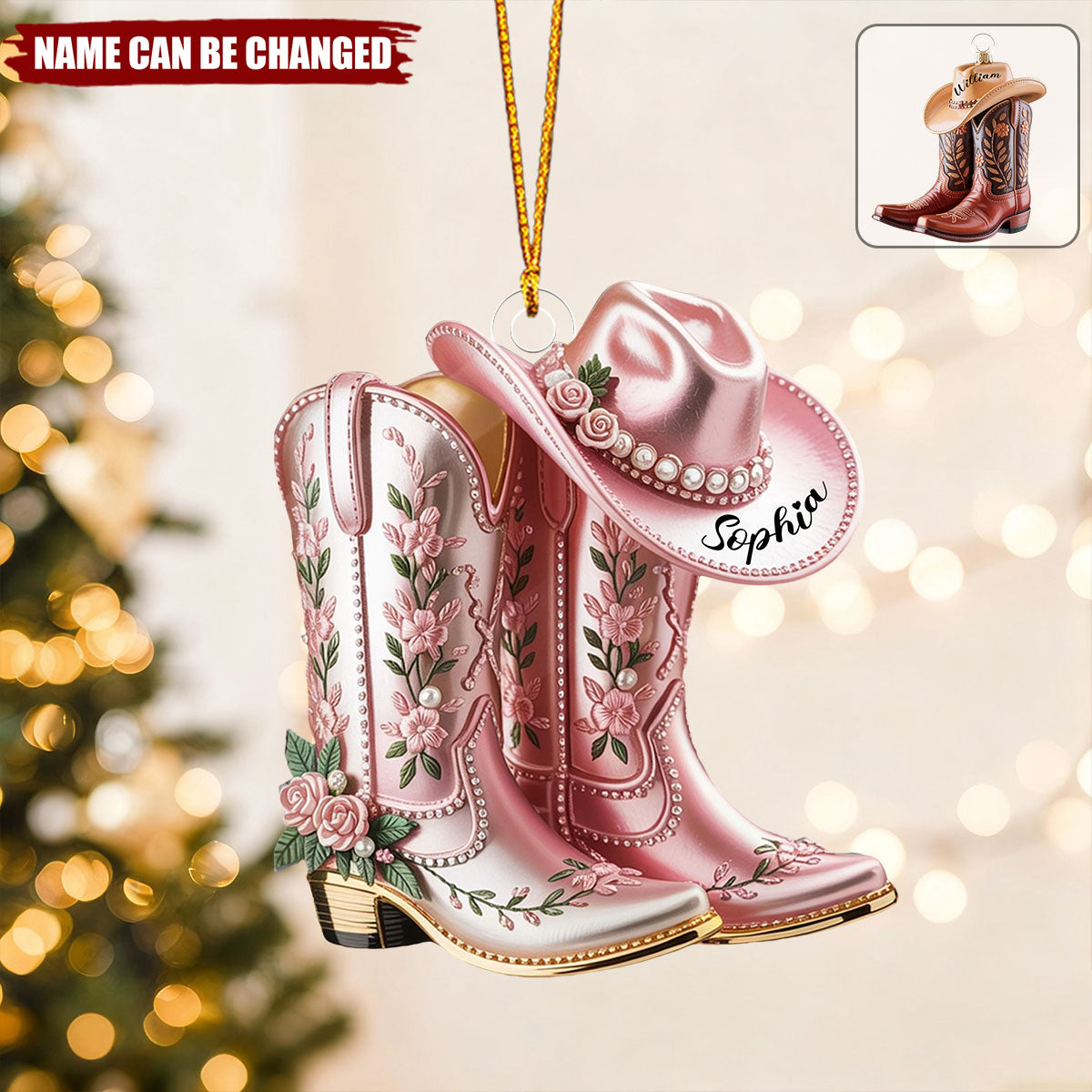 Personalized Cowgirl Cowboy Boots & Hat 3D Effect Ornament With Name Western Style Christmas Decor Birthday Gift For Kids
