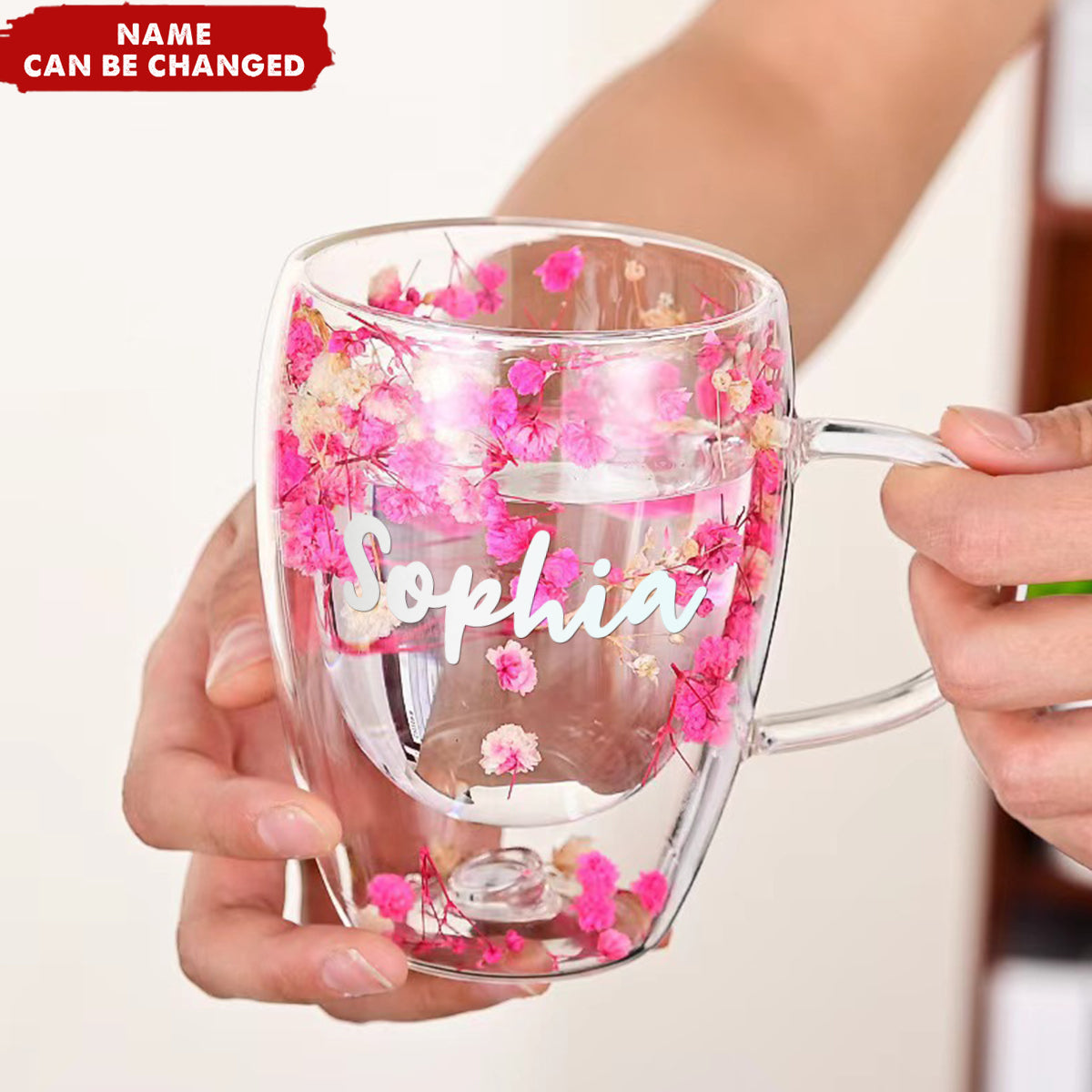 Dried Flowers Double Wall Glass Personalized Coffee Mugs